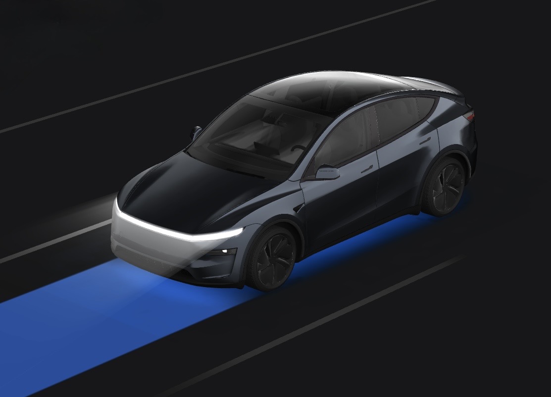 Illustration of a Tesla with a glowing blue path projected ahead on a dark road, representing FSD path prediction.